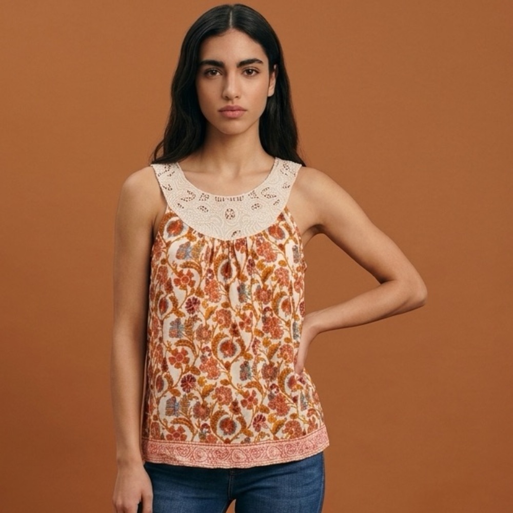 Sundance Catalog Orange Paisley Lace Yoke Sleeveless croquette boho Top